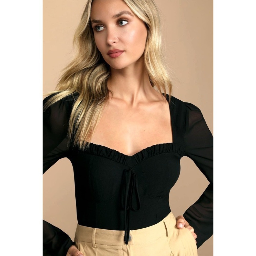 Lulus Be Your Date Black Bustier Backless Long Sleeve Bodysuit - Size M